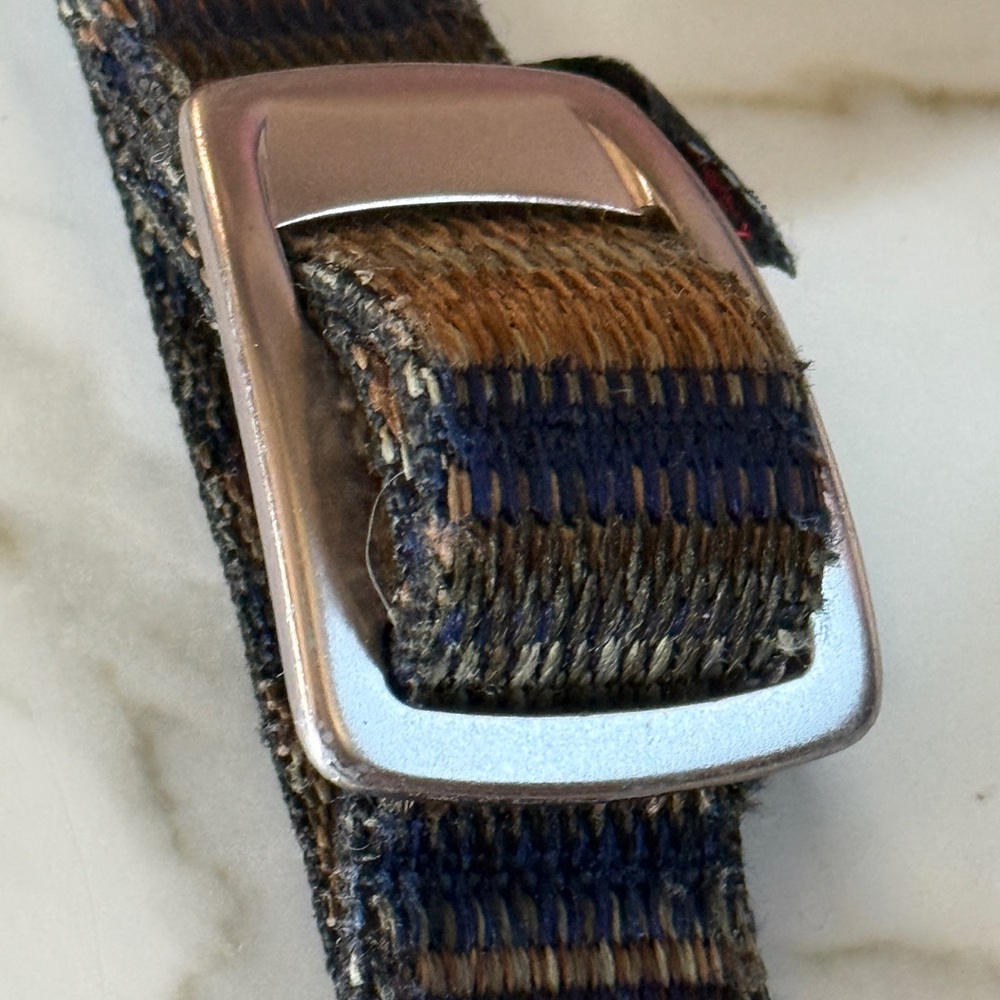 Bison size large silver Buckle Woven Belt, brown/blue tones good used condition